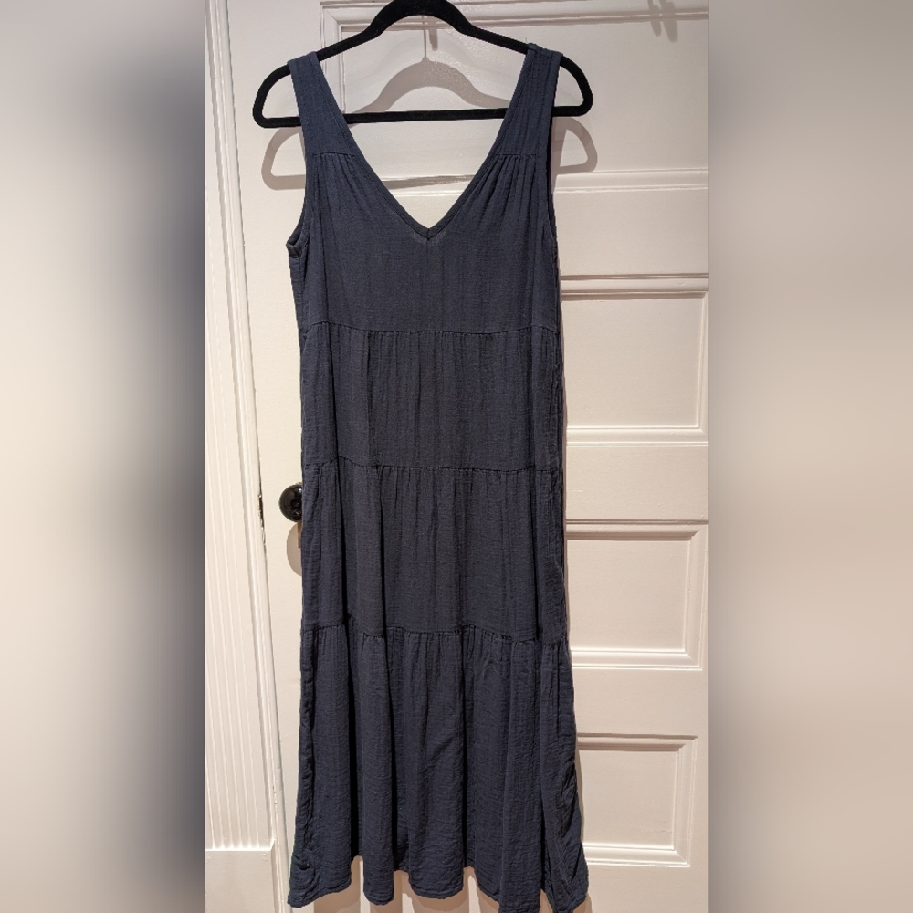 Quince Navy Crinkle Gauze Maxi Dress